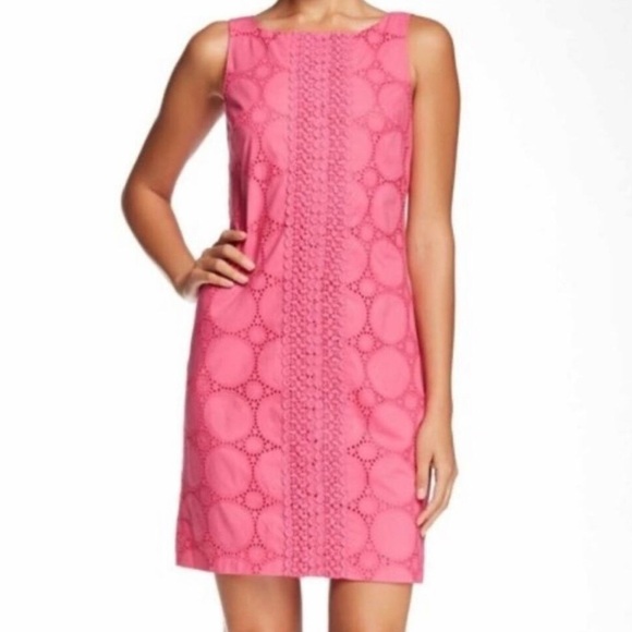 Eliza J Pink Eyelet Sheath Dress 0 Sleeveless Summer Floral Embroidered Circles - Picture 1 of 6